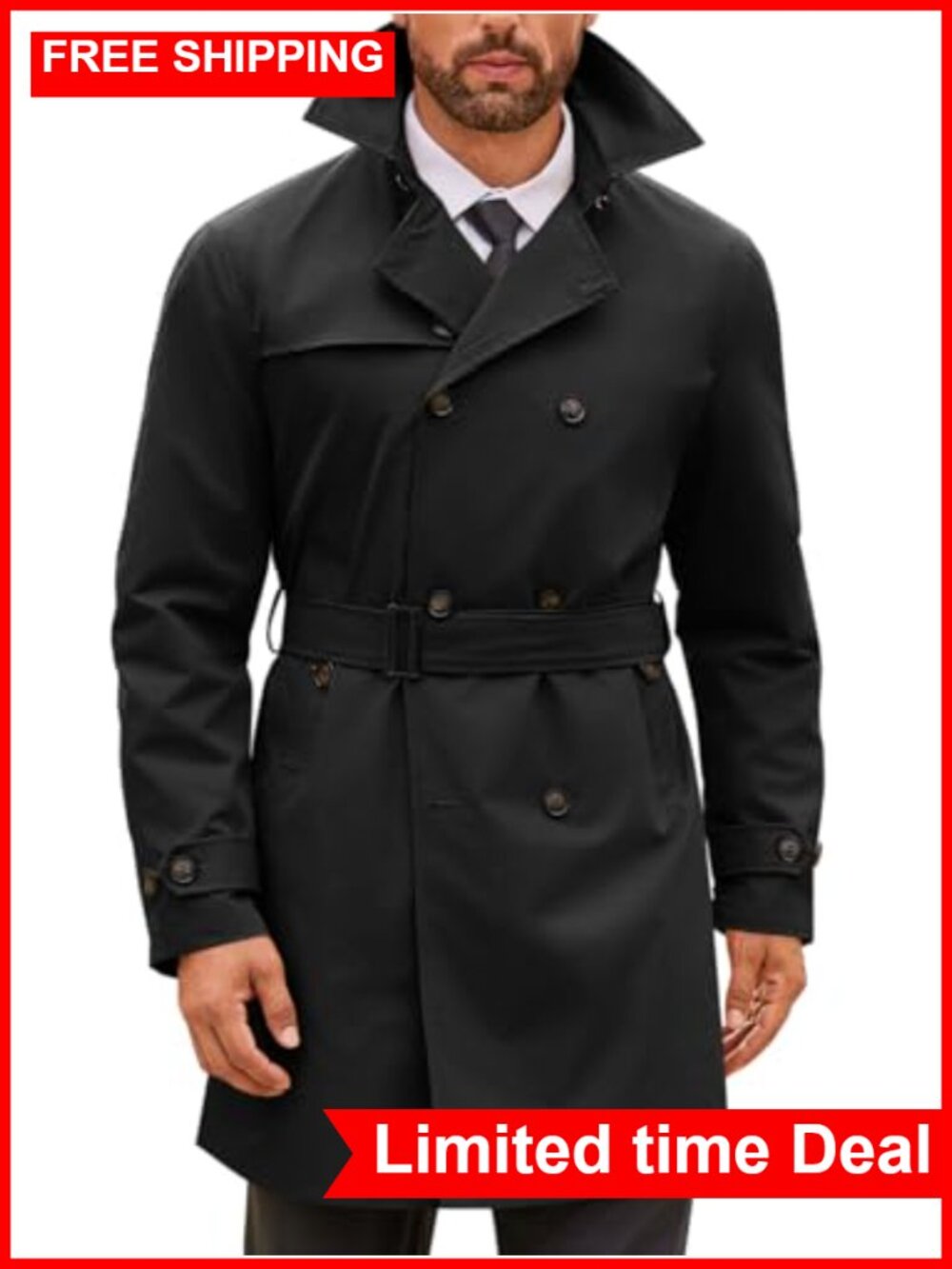 Mens Double Breasted Trench Coat Windbreaker Notched Lapel Overcoat